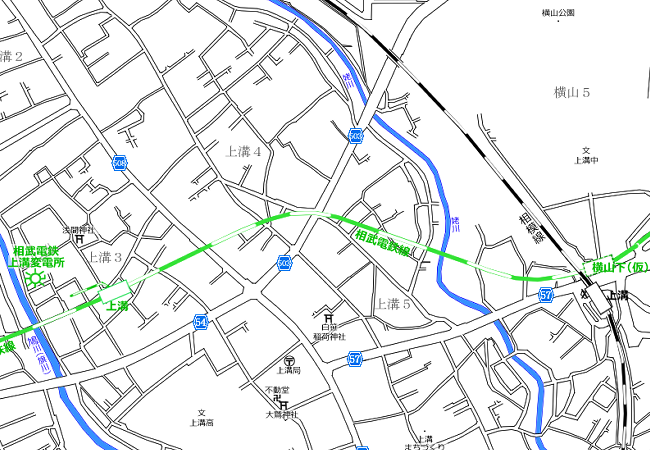 地図：（仮）横山下停車場→上溝停車場略図