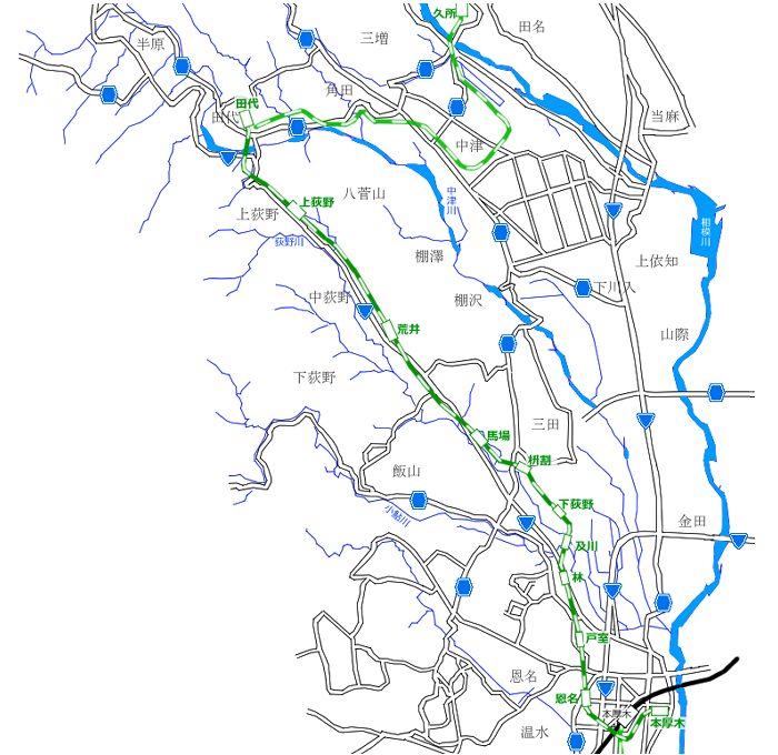 図表：愛川村方面～上荻野・戸室～本厚木停車場略図