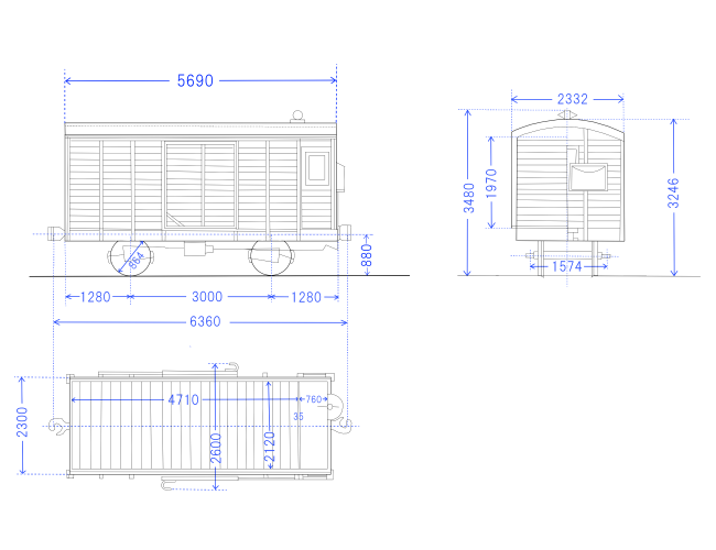 図面：ワフ１形四輪有蓋車寸法図